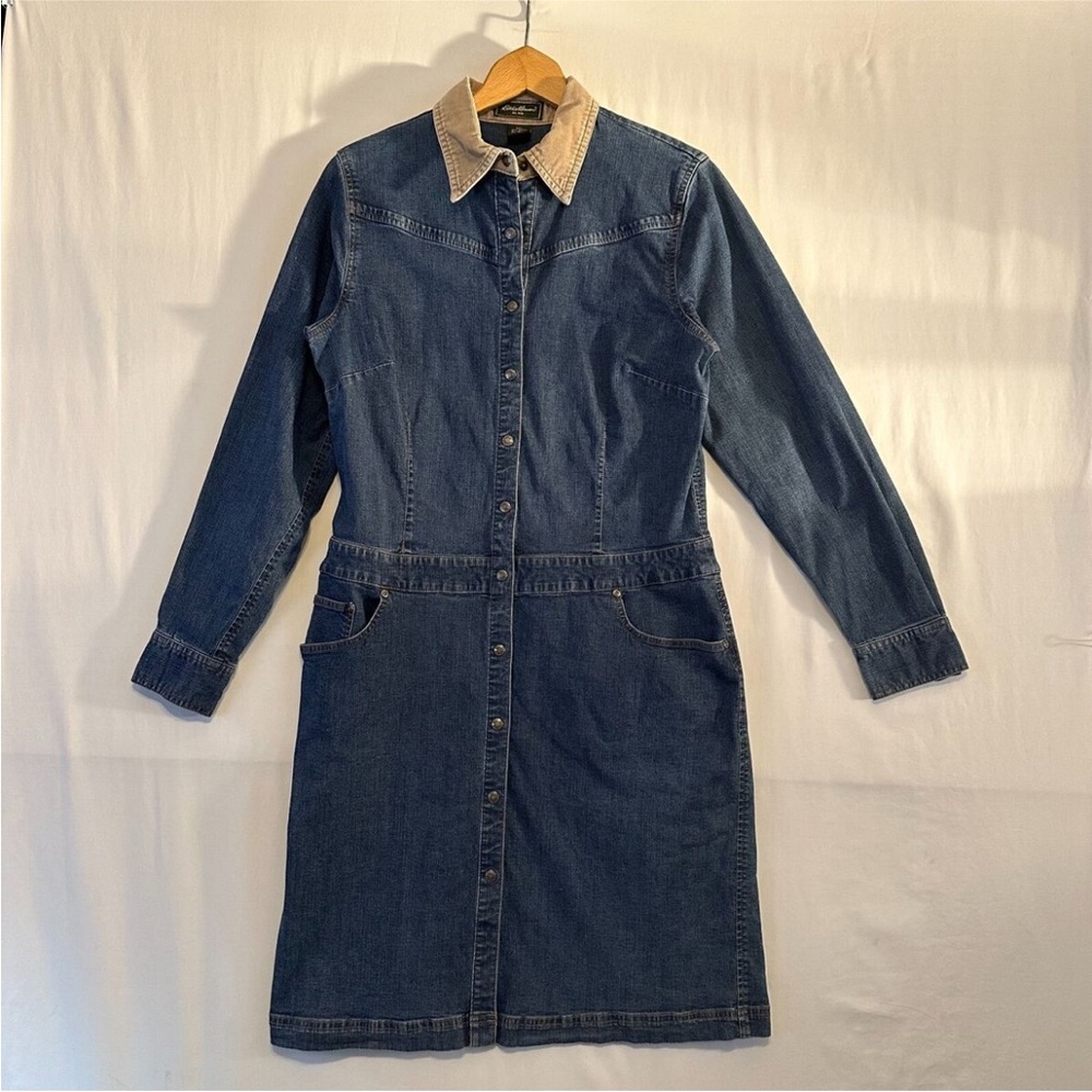 VTG Eddie Bauer Denim Western Chambray Shirt Dress with Corduroy Collar size 14.